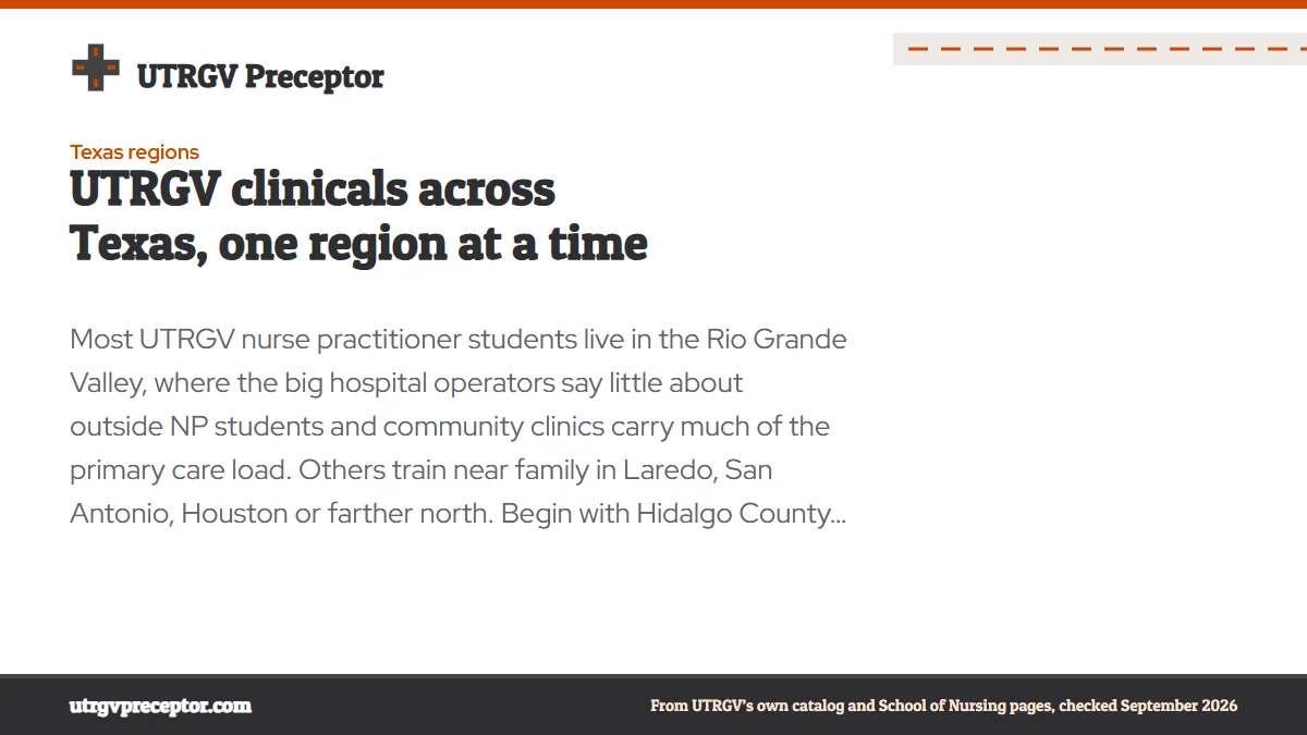 UTRGV clinicals across Texas, one region at a time. Most UTRGV nurse practitioner students live in the Rio Grande Valley, where the big hospital operators say little about outside NP students and community clinic