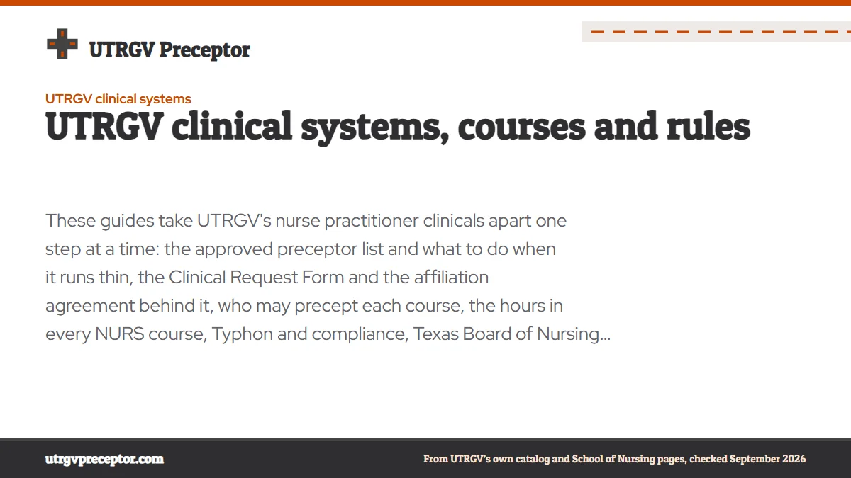 UTRGV clinical systems, courses and rules. These guides take UTRGV's nurse practitioner clinicals apart one step at a time: the approved preceptor list and what to do when it runs thin, the Clinical Requ