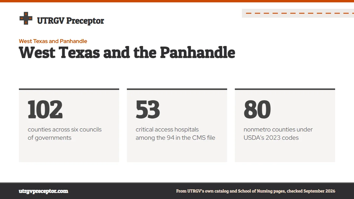 West Texas and the Panhandle. 102: counties across six councils of governments; 53: critical access hospitals among the 94 in the CMS file; 80: nonmetro counties under USDA's 2023 codes.